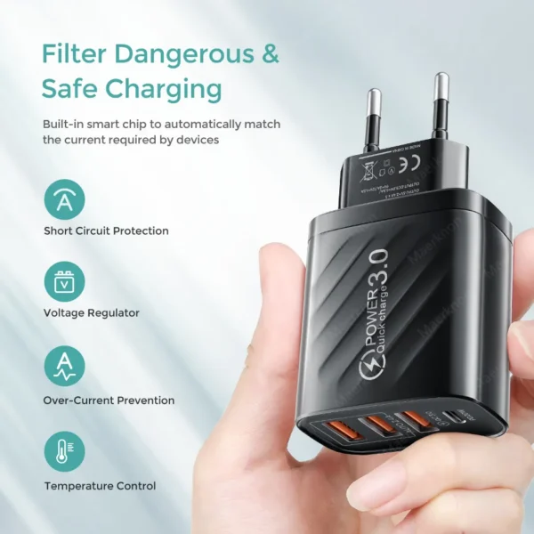 Chargeur USB 48W 4 ports Type C QC 3.0 PD Samsung Xiaomi Huawei