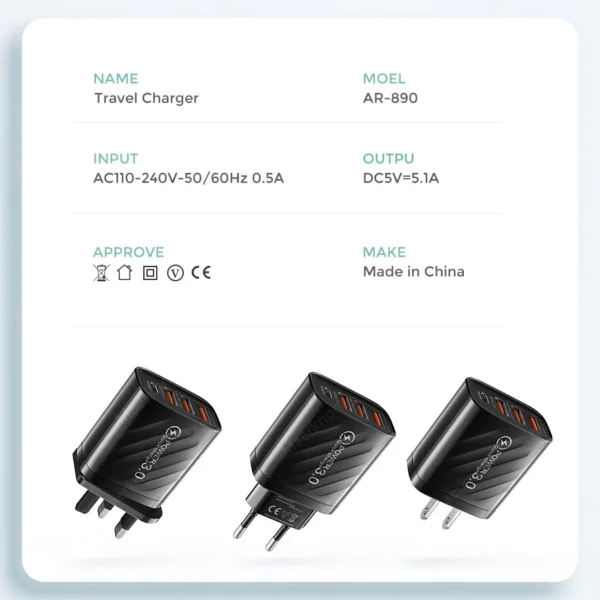 Chargeur USB 48W 4 ports Type C QC 3.0 PD Samsung Xiaomi Huawei
