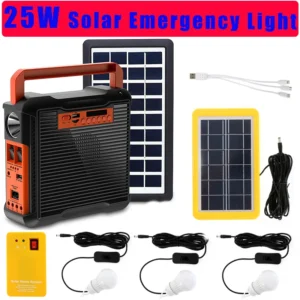 Kit solaire 25W avec 3 LED, chargeur USB, idéal camping/maison