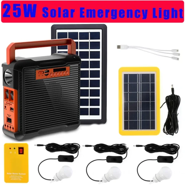 Kit solaire 25W avec 3 LED, chargeur USB, idéal camping/maison