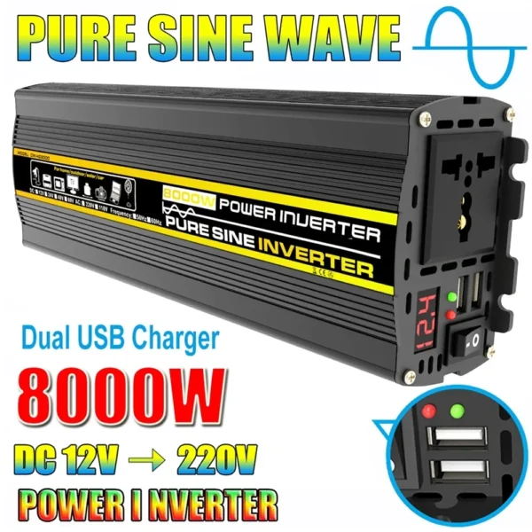 Onduleur Pur Sinus 3000W-8000W 12V DC vers 220V AC, affichage numérique, Auto/Maison