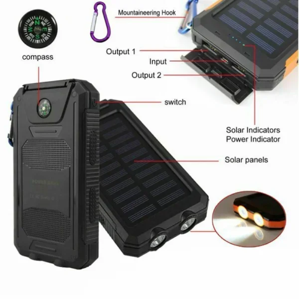 Batterie solaire 30000mAh étanche, USB, lampe LED.