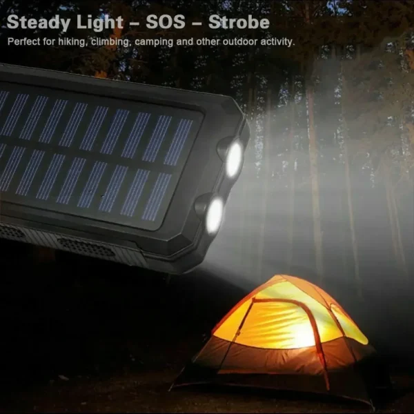 Batterie solaire 30000mAh étanche, USB, lampe LED.