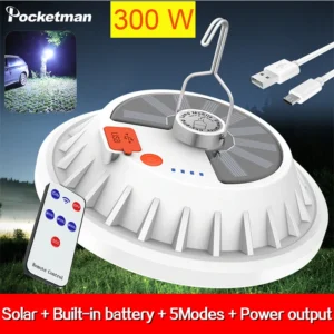 Lampe LED Rechargeable 300W Solaire Télécommande Camping Marché Maison