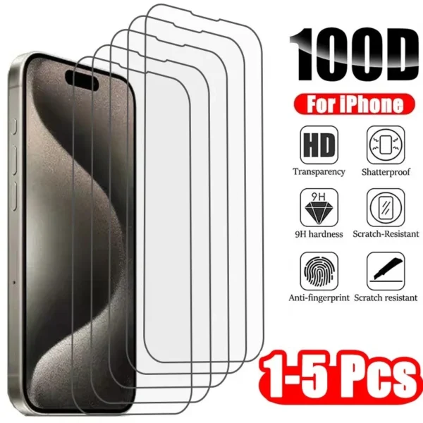 Protecteur écran verre iPhone 16/15/14/13/12/11/Pro/Max/7/8/SE/X/XS (1-5pcs)